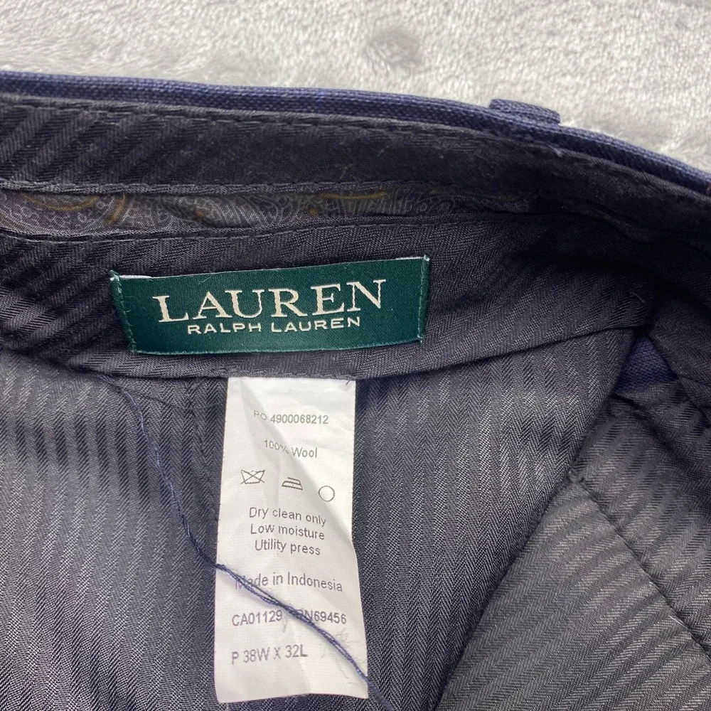 Lauren Ralph Lauren Mens Navy Blue Windowpane Plaid‎ 100% Wool Dress Pants 38x32